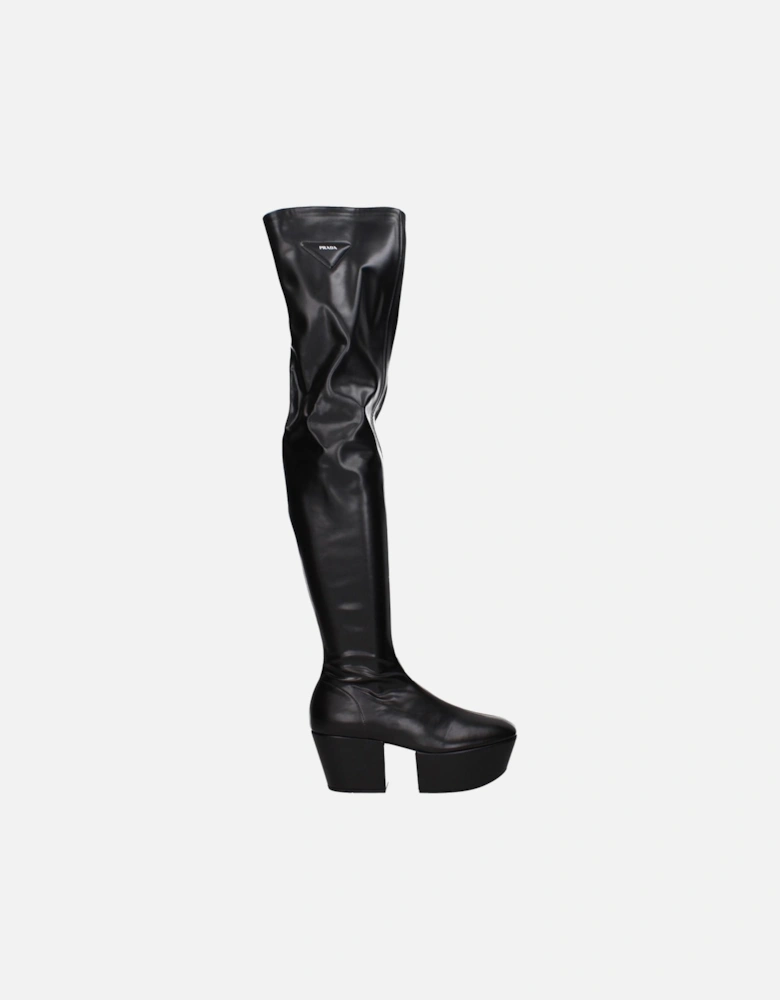 Leather Boots with Front Logo and Vintage Effect Women - Black