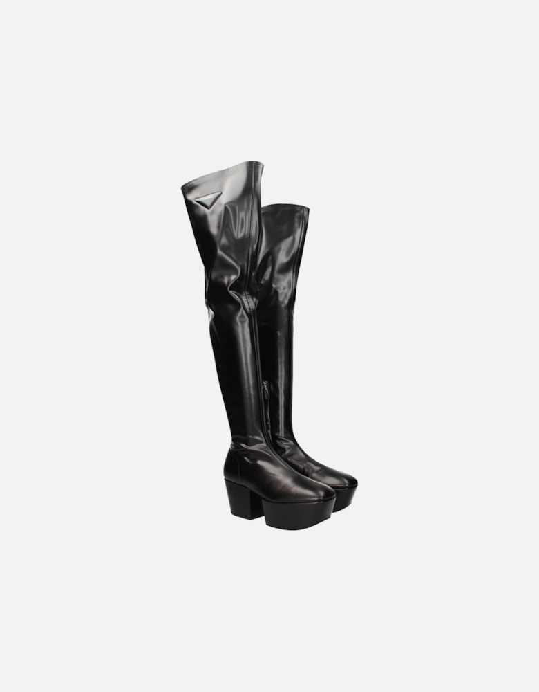 Leather Boots with Front Logo and Vintage Effect Women - Black