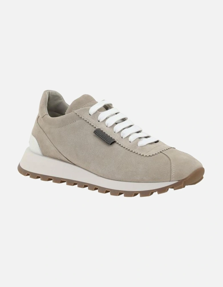 Leather Suede Lace-Up Sneakers with Platform Sole Women - Beige