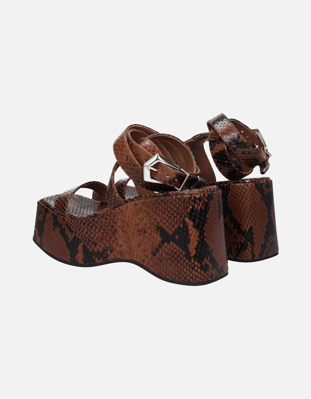 Python Print Leather Wedges with Buckle Closure Women - Brown Sandals