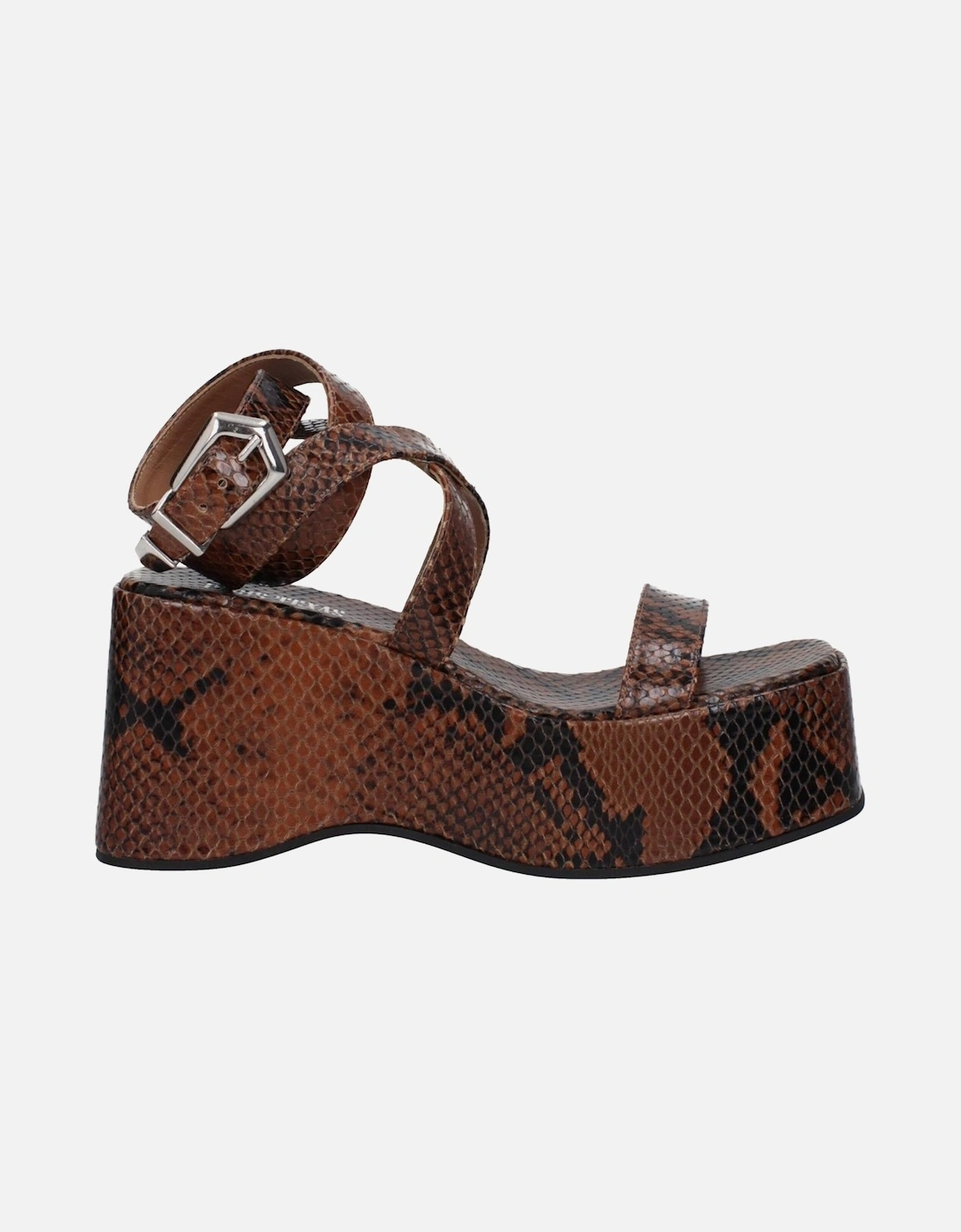 Python Print Leather Wedges with Buckle Closure Women - Brown Sandals, 6 of 5