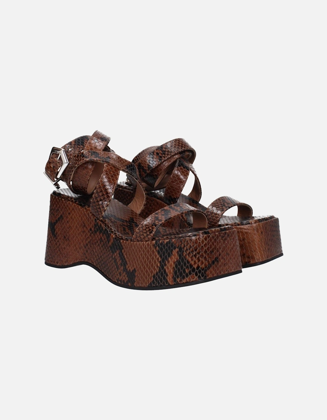 Python Print Leather Wedges with Buckle Closure Women - Brown Sandals