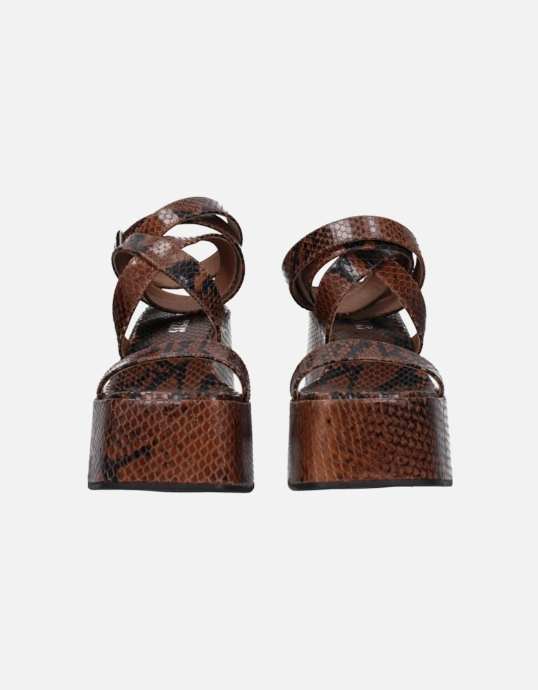 Python Print Leather Wedges with Buckle Closure Women - Brown Sandals