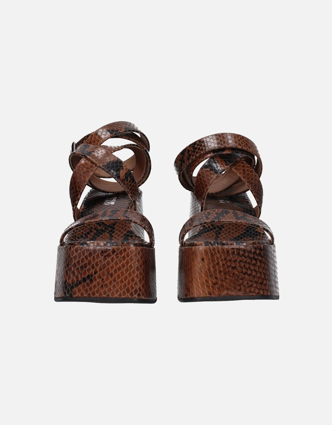 Python Print Leather Wedges with Buckle Closure Women - Brown Sandals