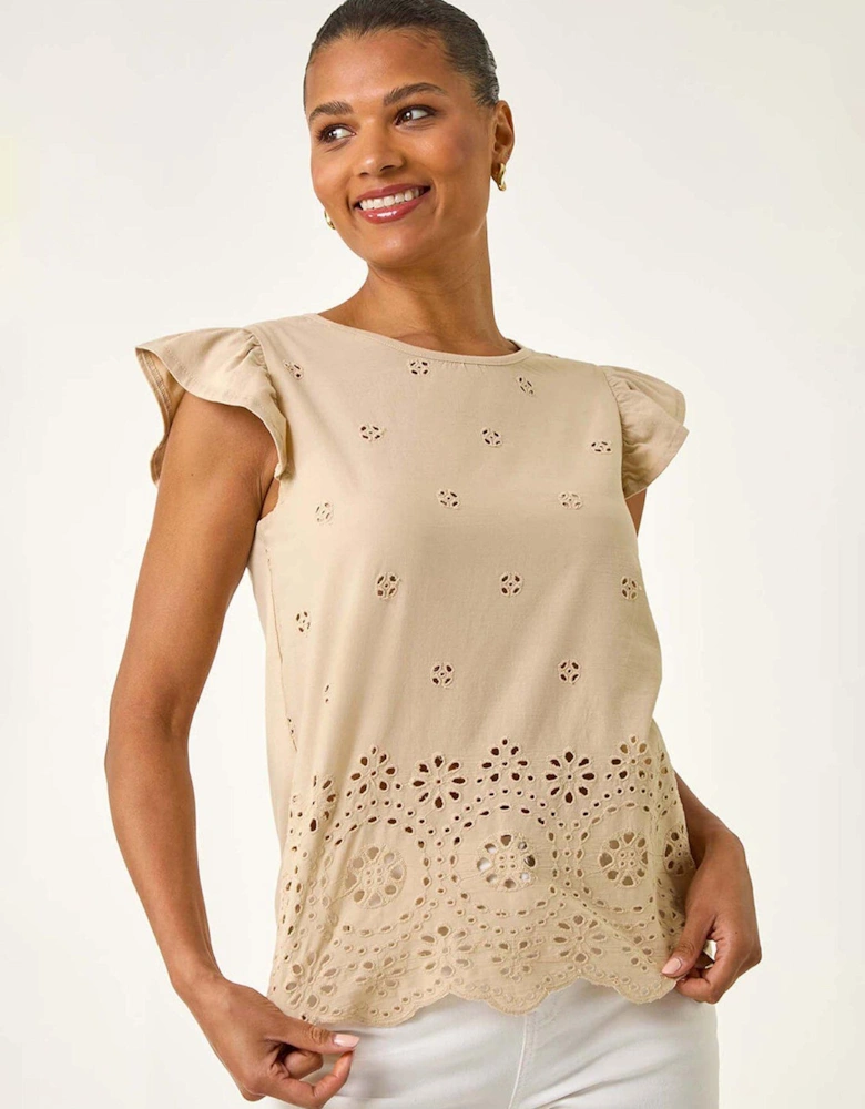 Broderie Hem Stretch Top - Grey