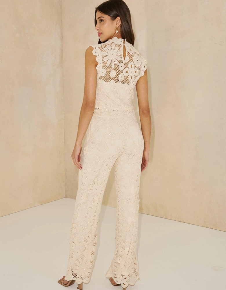 Crochet Sequin Trouser - Cream