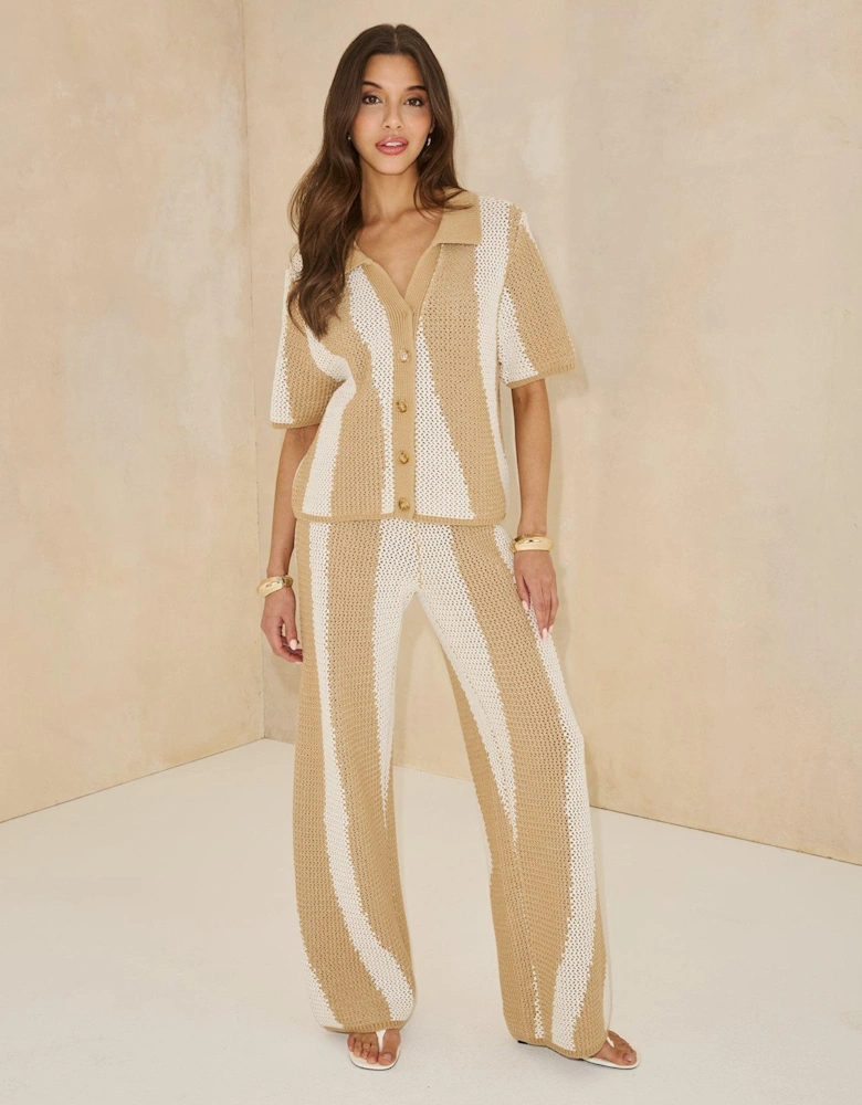 Knitted Striped Shirt Co Ord -  Beige
