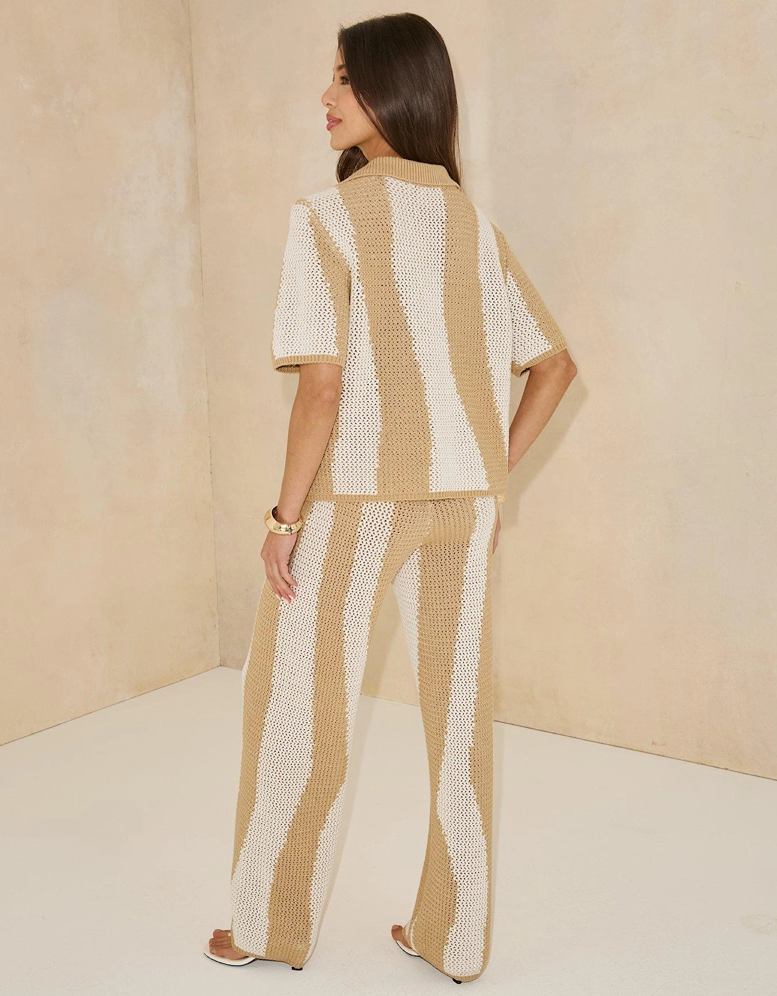 Knitted Striped Shirt Co Ord -  Beige
