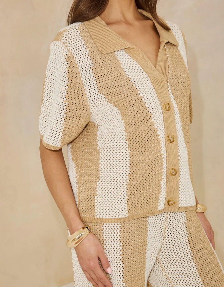 Knitted Striped Shirt Co Ord -  Beige
