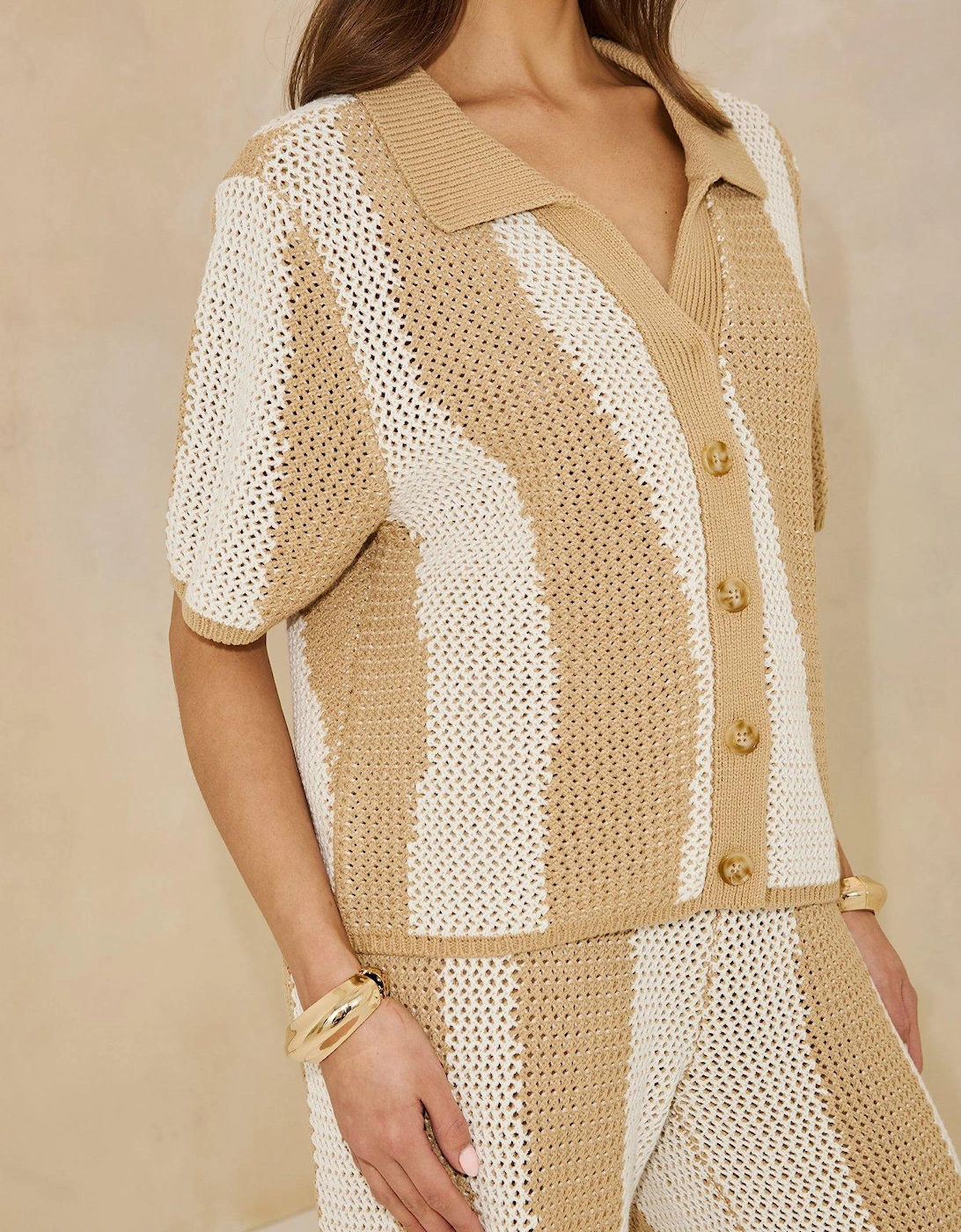 Knitted Striped Shirt Co Ord -  Beige