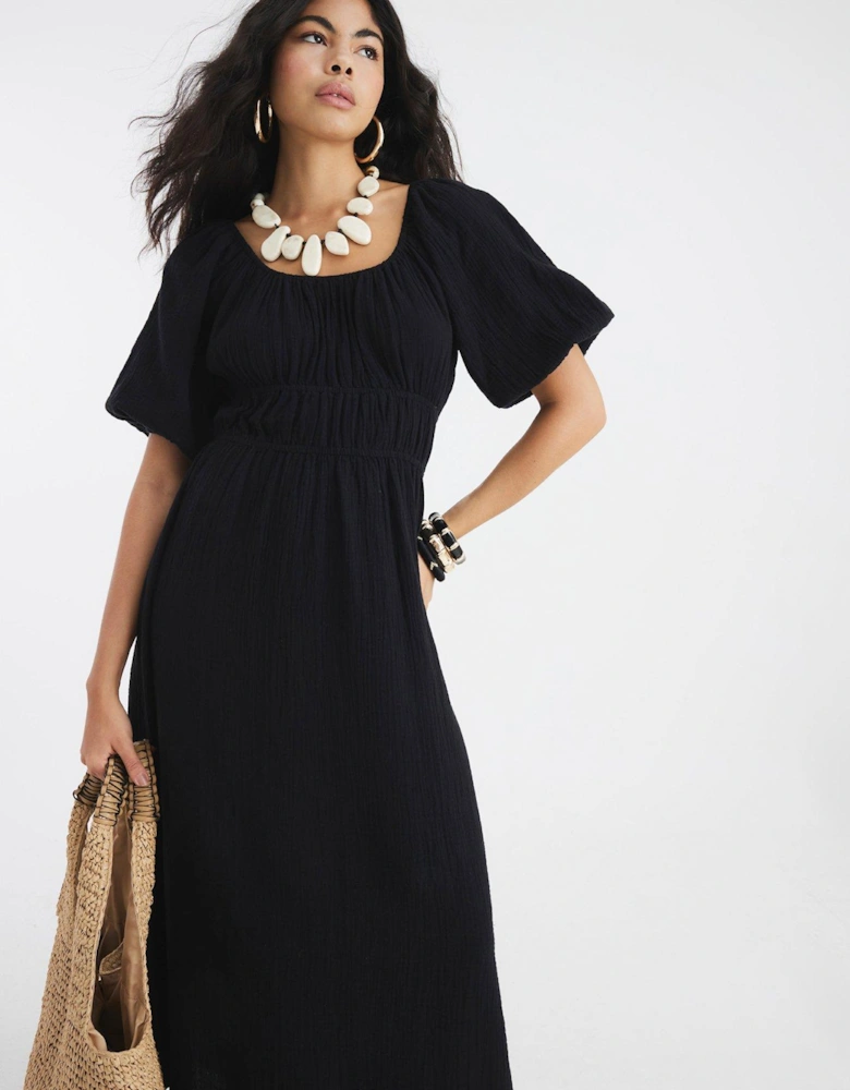 Short Sleeve Linen Midi Dress - Black