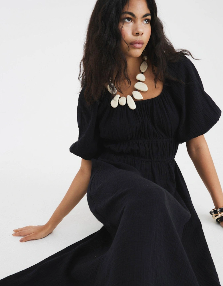 Short Sleeve Linen Midi Dress - Black