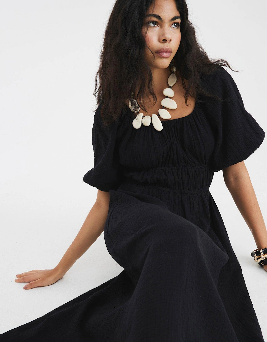 Short Sleeve Linen Midi Dress - Black