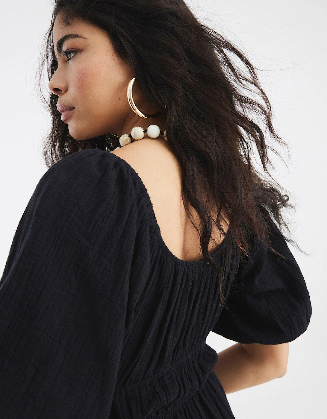 Short Sleeve Linen Midi Dress - Black