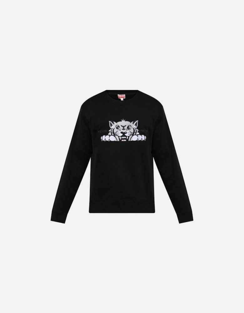 Happy Tiger Embroidered Slim Sweatshirt Black