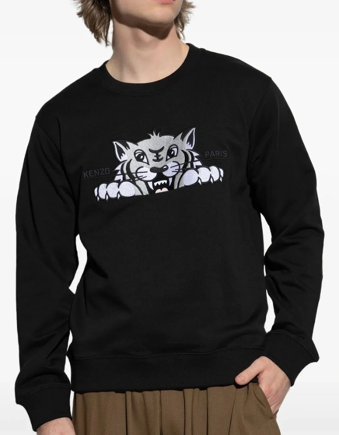 Happy Tiger Embroidered Slim Sweatshirt Black