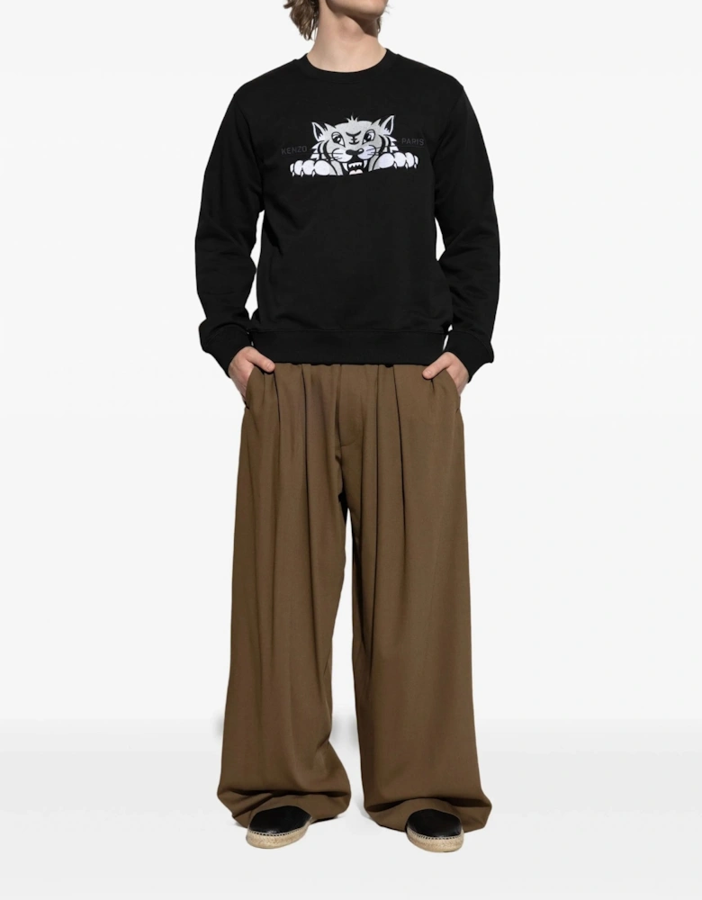 Happy Tiger Embroidered Slim Sweatshirt Black