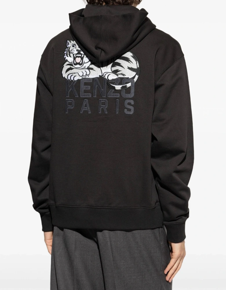Happy Tiger Embroidered Classic Hoodie Black