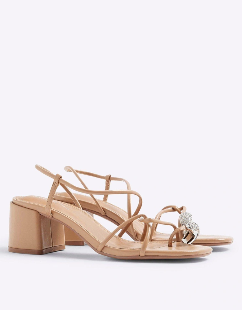 Diamante Toe Loop Block Heel - Light Beige