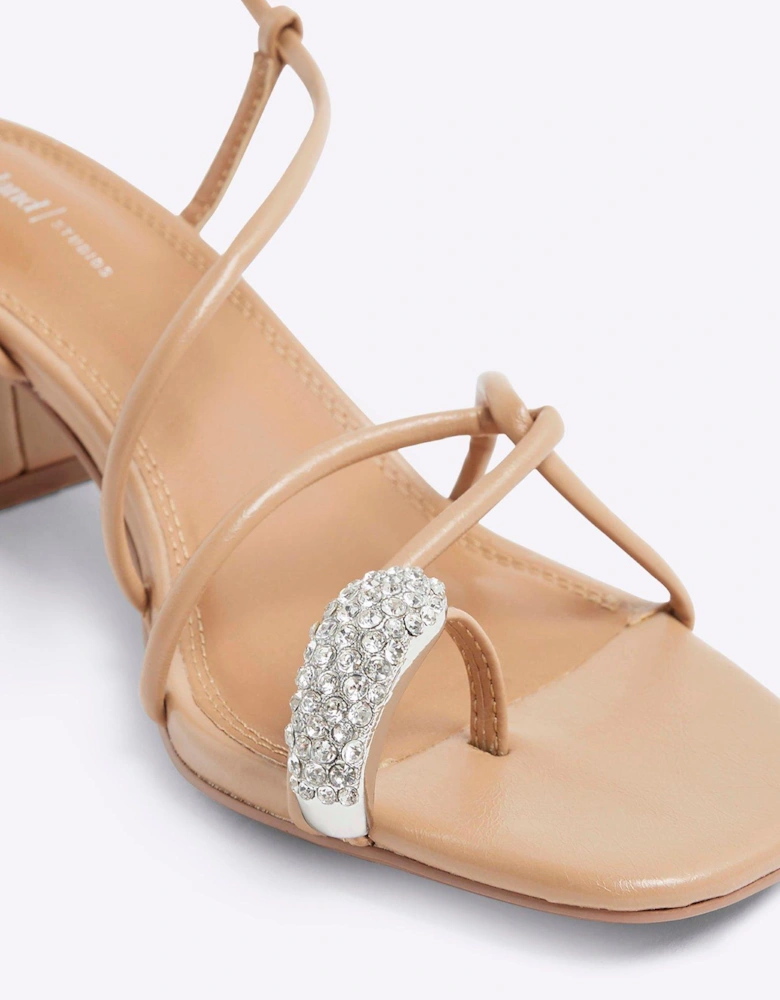 Diamante Toe Loop Block Heel - Light Beige
