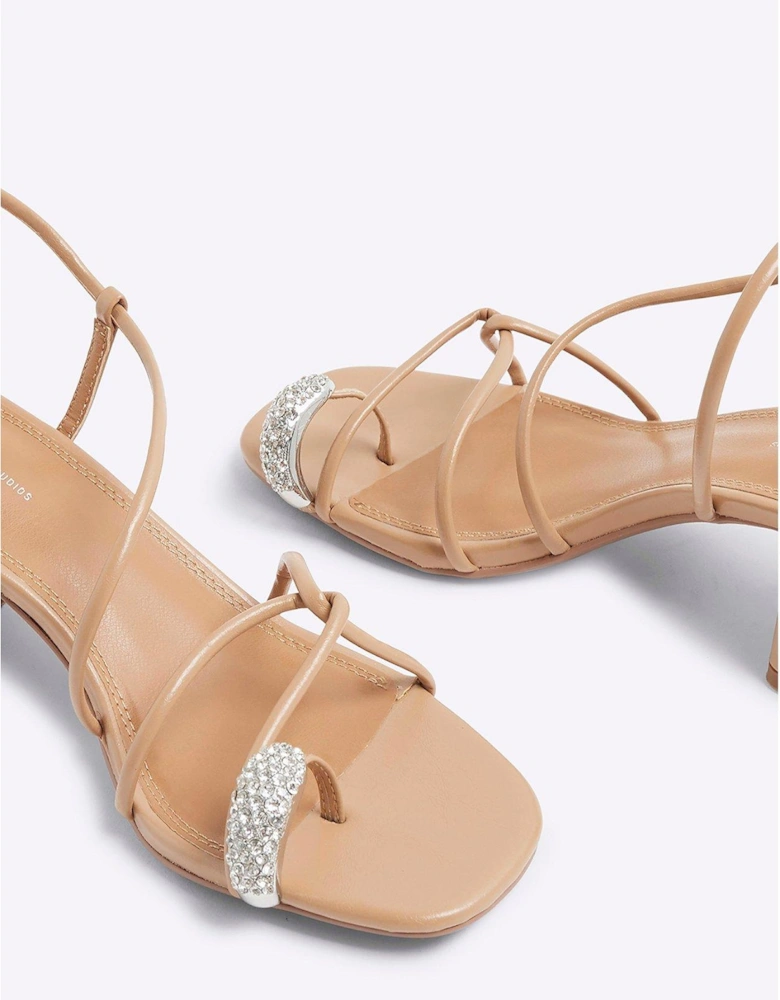 Diamante Toe Loop Block Heel - Light Beige
