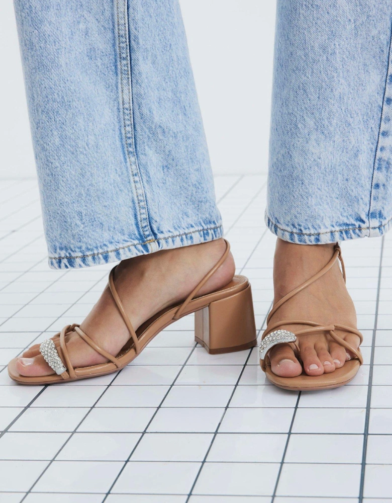 Diamante Toe Loop Block Heel - Light Beige