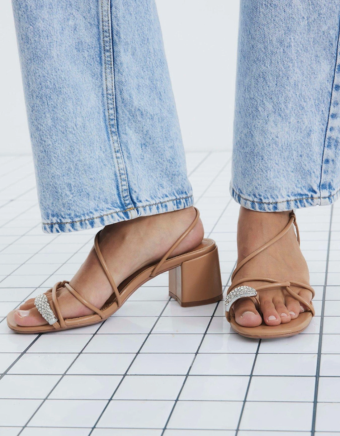 Diamante Toe Loop Block Heel - Light Beige