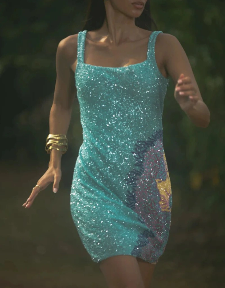 Adeline Coral Hand Beaded Mini Dress Blue