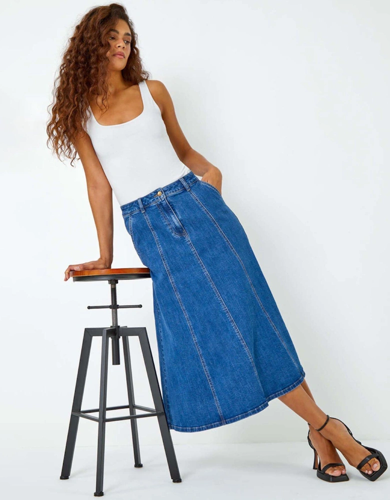 Cotton Denim Panelled Midi Skirt
