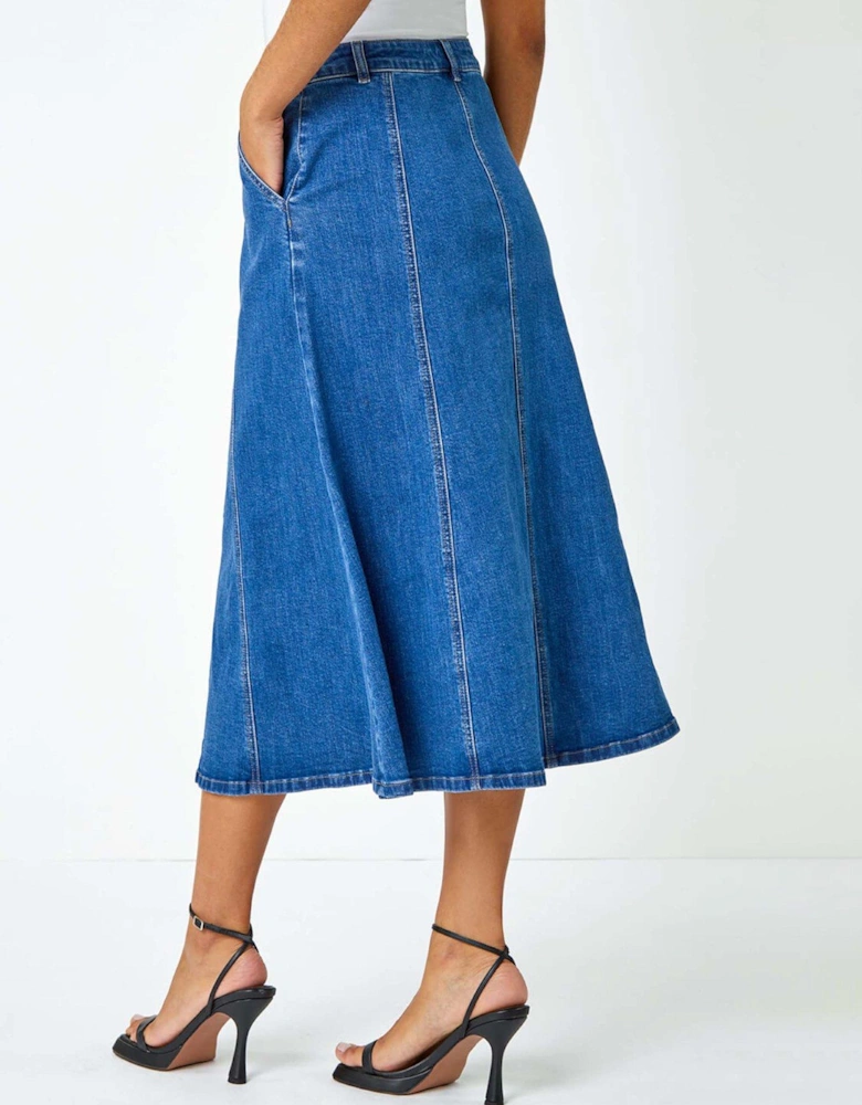 Cotton Denim Panelled Midi Skirt