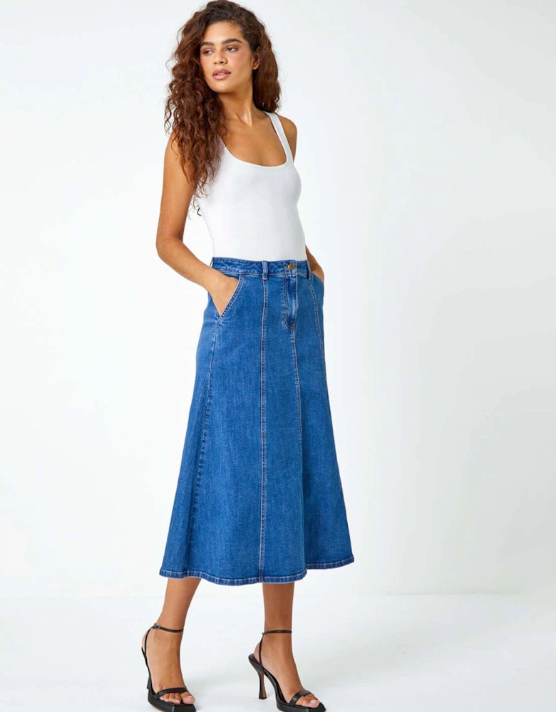 Cotton Denim Panelled Midi Skirt