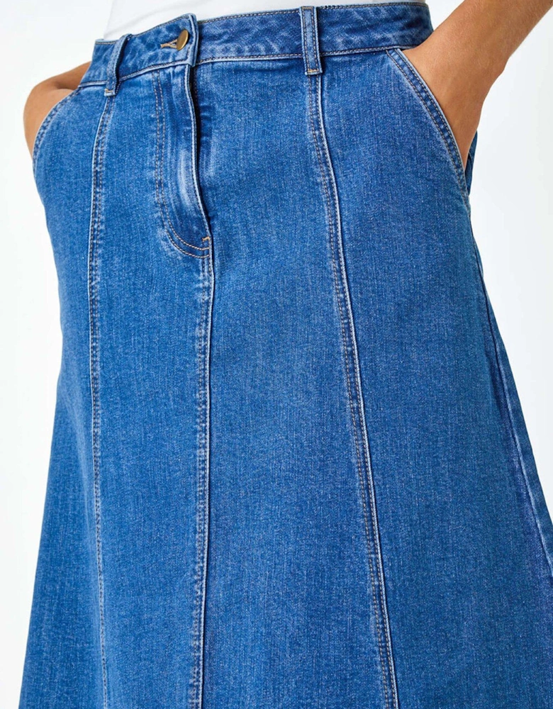 Cotton Denim Panelled Midi Skirt