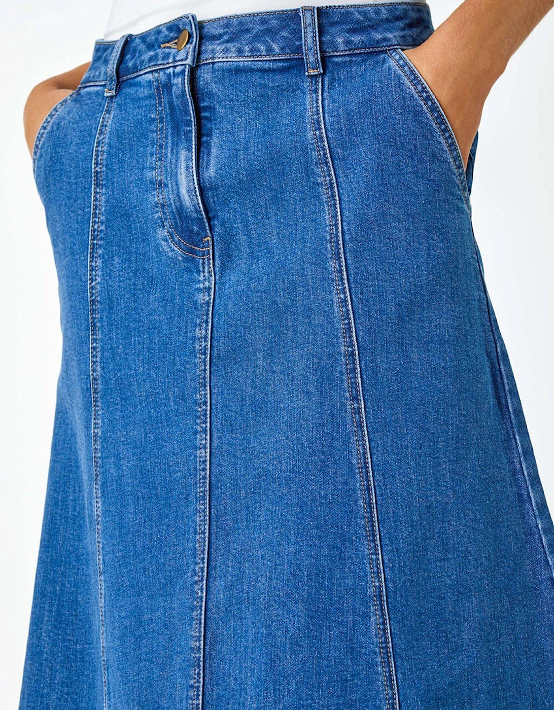 Cotton Denim Panelled Midi Skirt