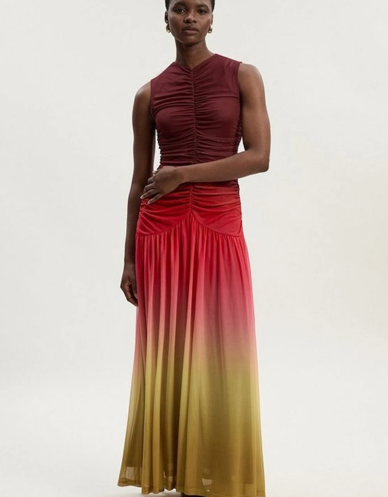 Ombre Gauged Jersey Sleeveless Mesh Maxi Dress