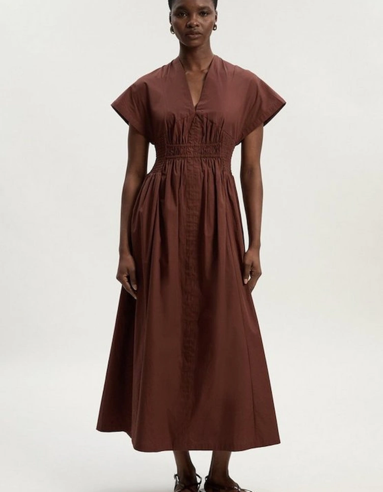 Shirred Cotton Woven Plunge Neck Short Sleeve Maxi Dress