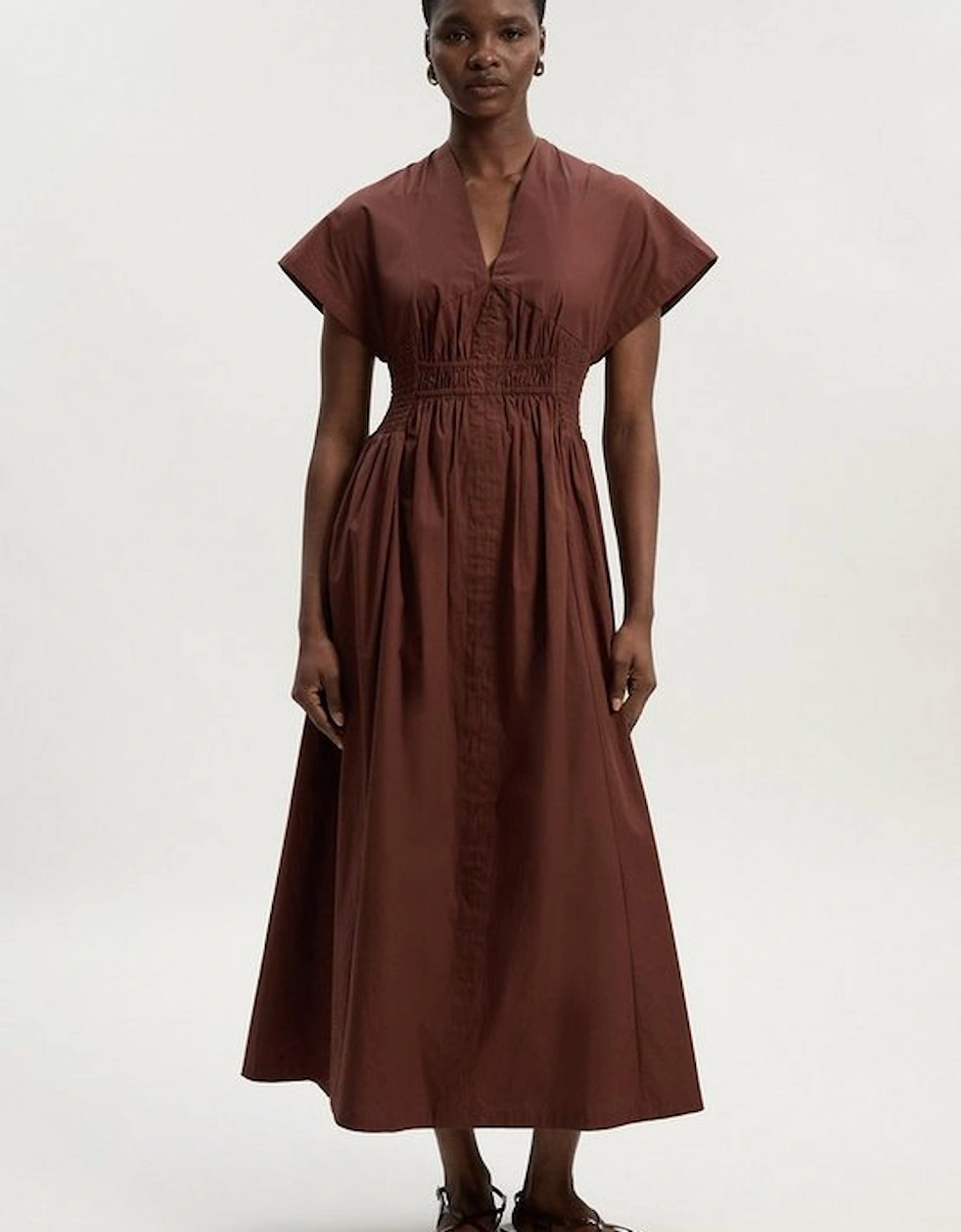 Shirred Cotton Woven Plunge Neck Short Sleeve Maxi Dress, 2 of 1