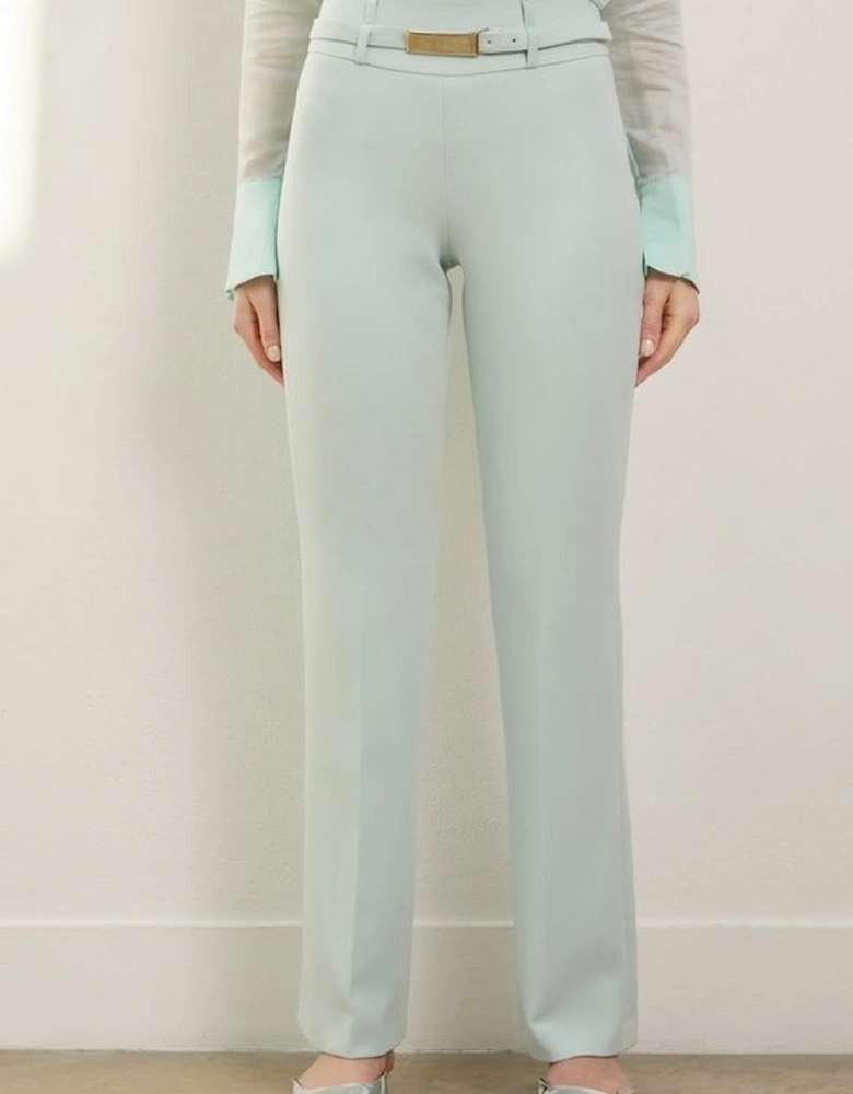 Compact Stretch High Waisted Belted Straight Leg Trousers