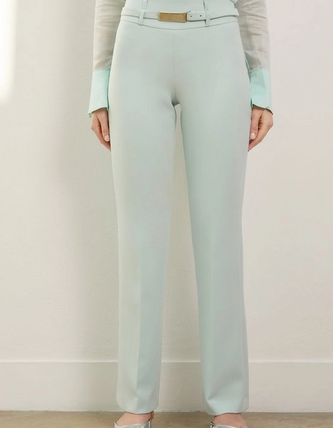 Compact Stretch High Waisted Belted Straight Leg Trousers
