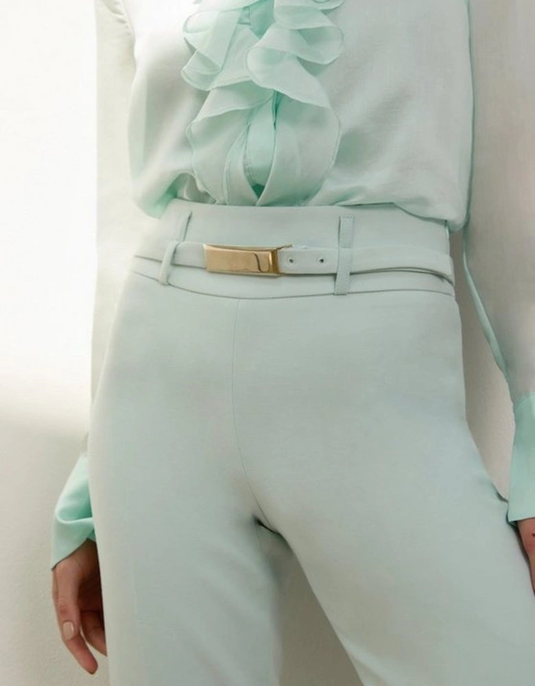 Compact Stretch High Waisted Belted Straight Leg Trousers