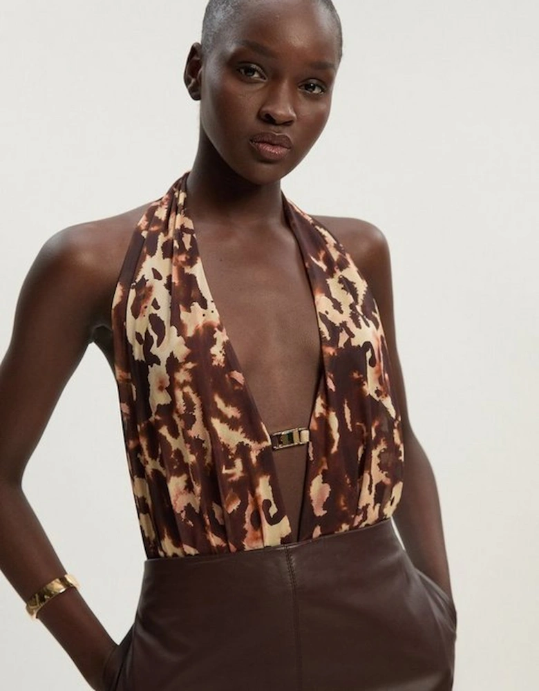 Leopard Print Plunge Halter Neck Trim Detail Mesh Bodysuit