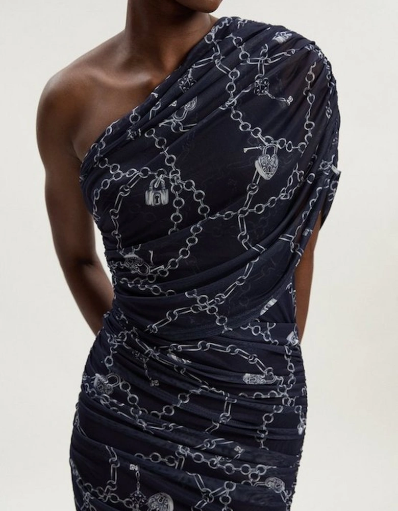 Chain Print Mesh One Shoulder Midi Dress