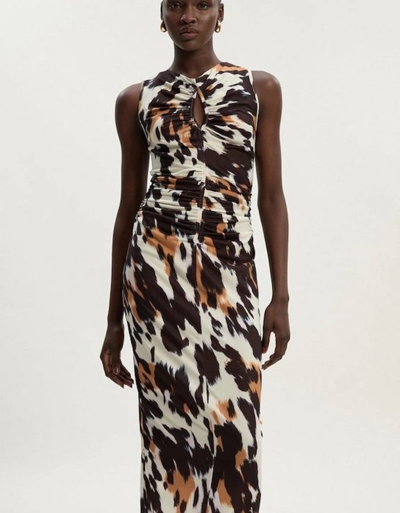 Petite Animal Print Crepe Cut Out Neck Midi Dress