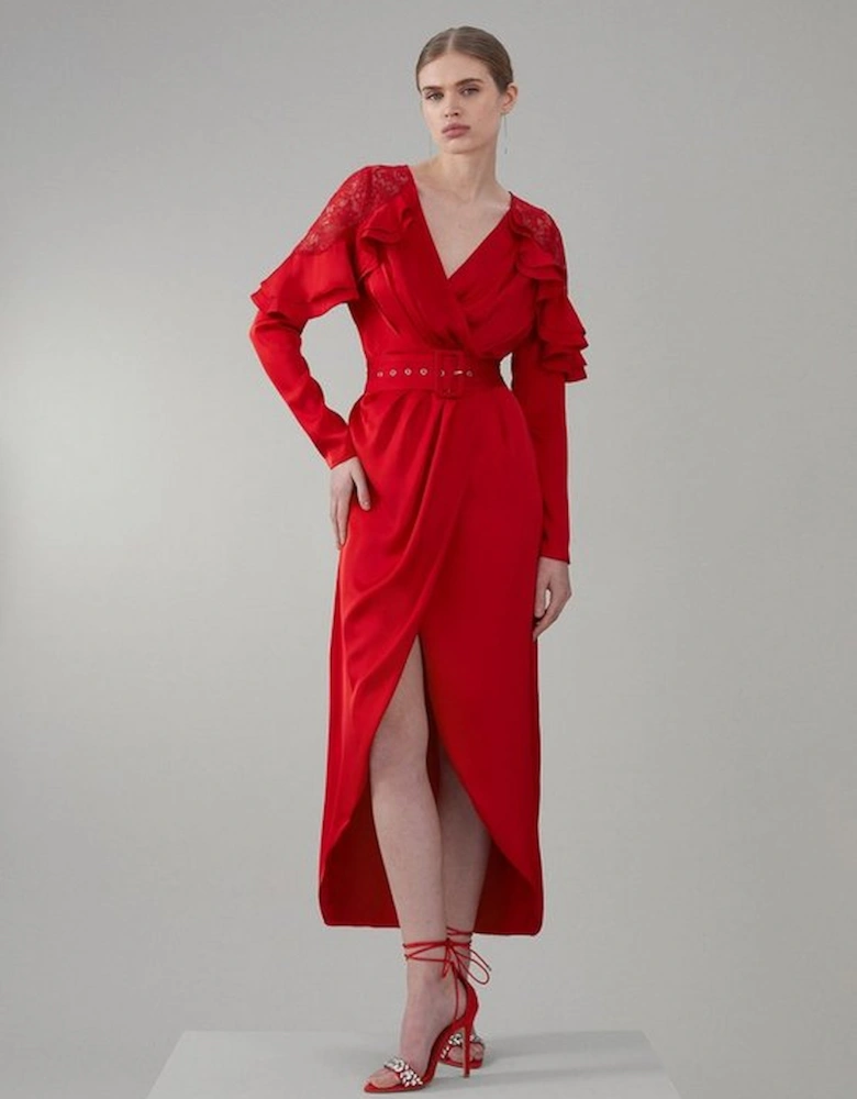 Satin And Lace Ruffle Woven Midaxi Dress
