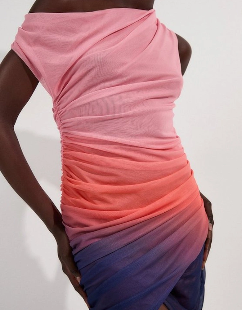 Sunset Ombre Mesh Asymmetric Draped Jersey Mini Dress