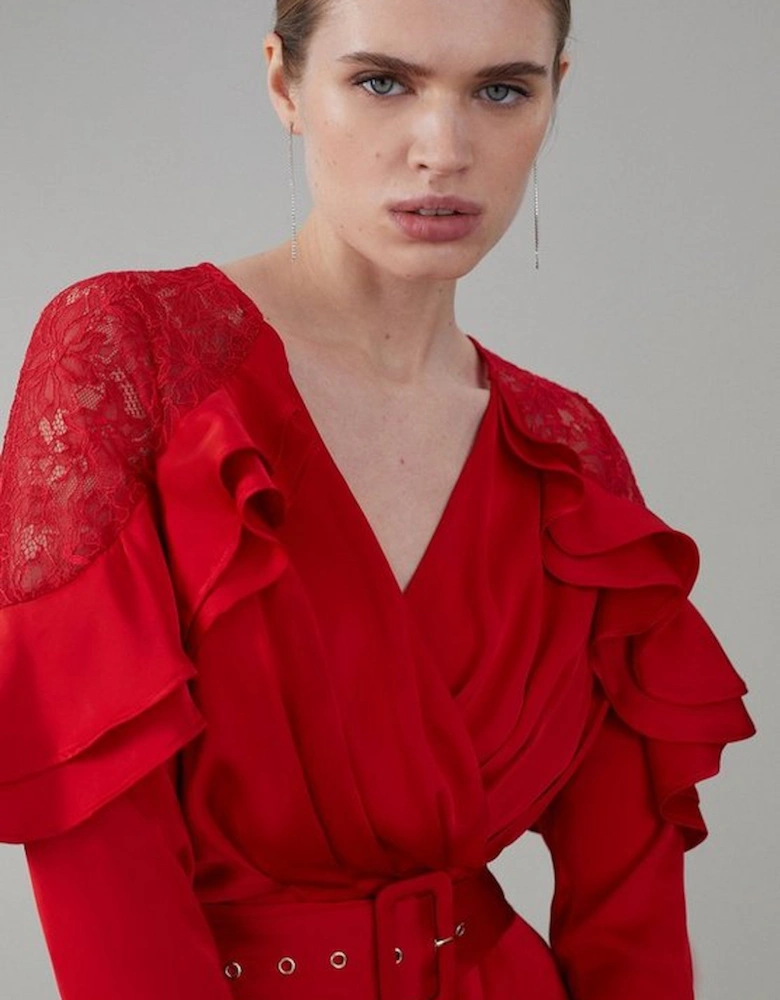 Satin And Lace Ruffle Woven Midaxi Dress