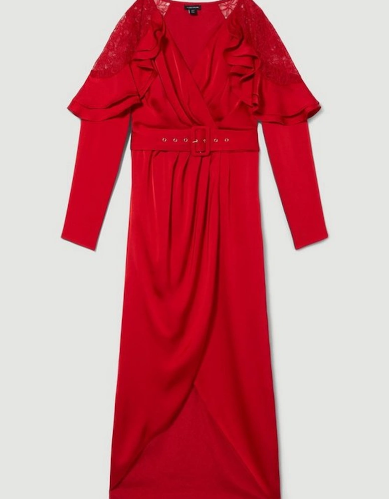 Satin And Lace Ruffle Woven Midaxi Dress