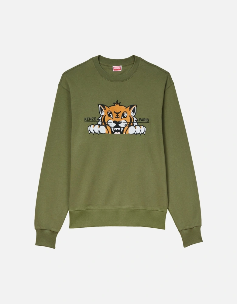 Happy Tiger Embroidered Slim Sweatshirt Green