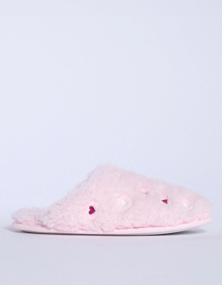 Heart Embroidered Borg Mule - Powder Pink