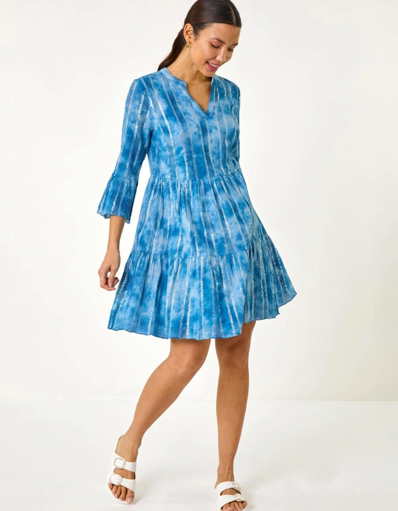 Tie Dye Print Shimmer Smock Dress - Blue