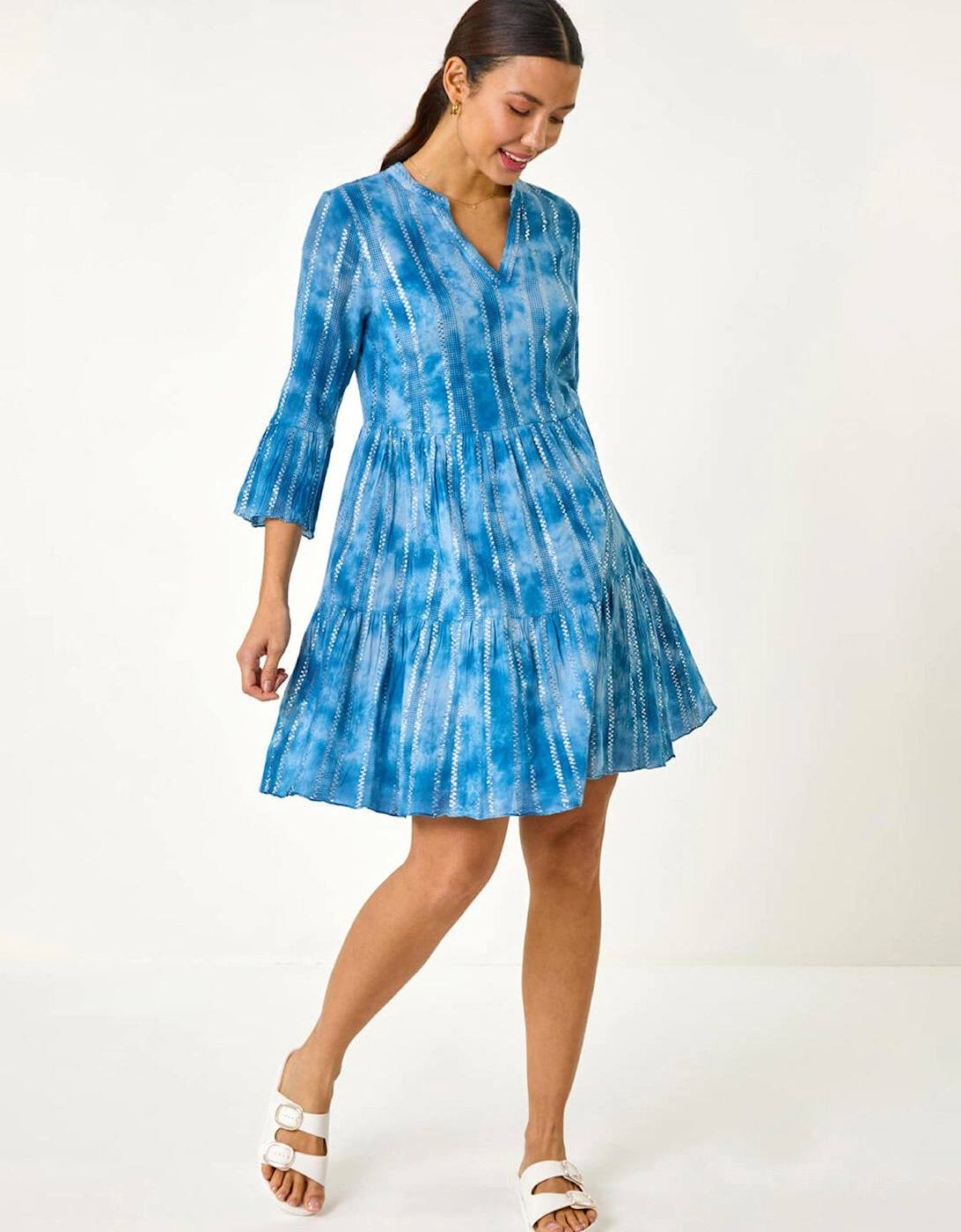 Tie Dye Print Shimmer Smock Dress - Blue, 2 of 1
